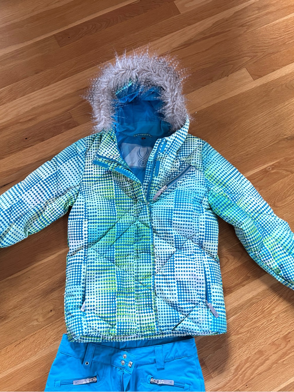 Spyder Girls Teal and Lime Plaid Ski Jacket with Fur-Trim Hood